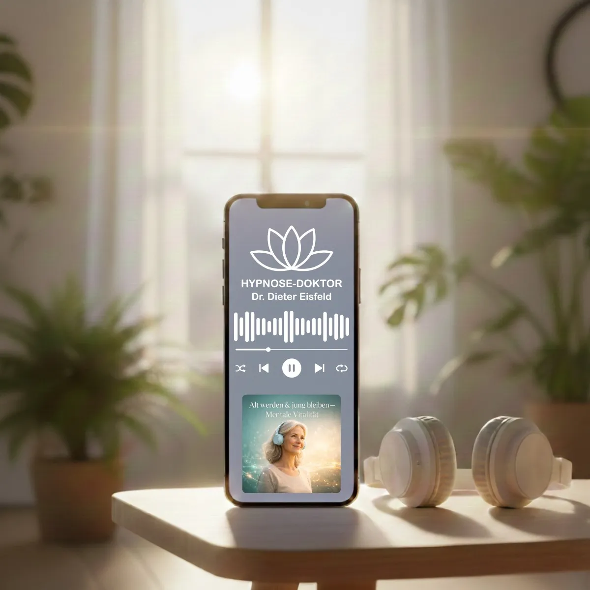 Smartphone-App-Darstellung der Hypnose-Doktor Audio-Anwendung für Alt werden & jung bleiben, mit Equalizer und Produktcover.