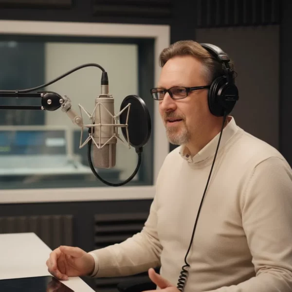 Facharzt Dr. Dieter Eisfeld bei der professionellen Aufnahme einer medizinischen Audio-Hypnose im Tonstudio.