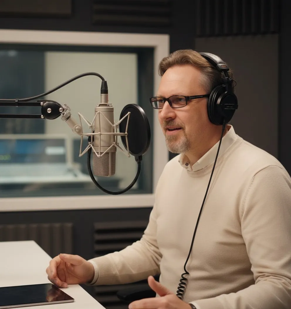 Facharzt Dr. Dieter Eisfeld bei der professionellen Aufnahme einer medizinischen Audio-Hypnose im Tonstudio.