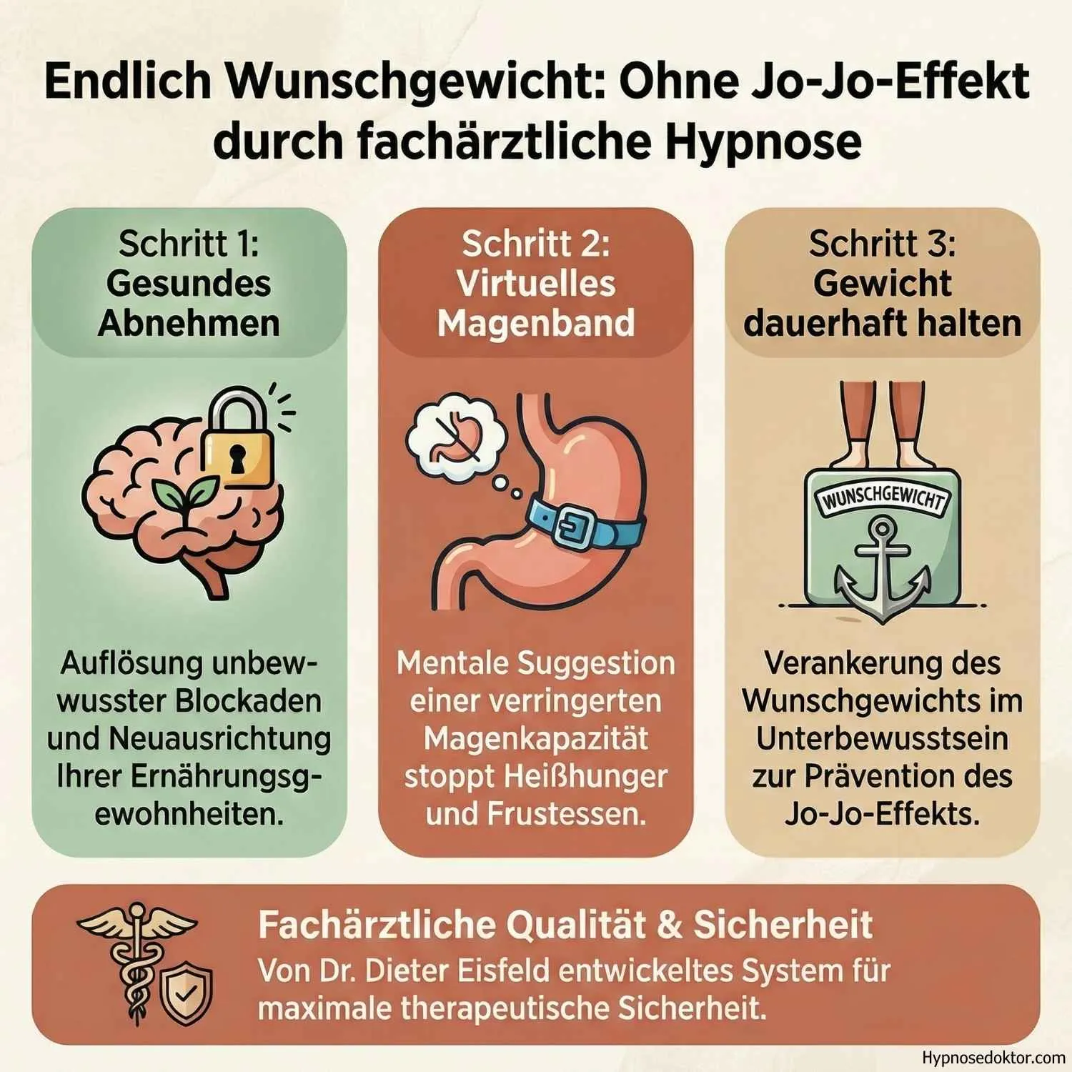 Medizinische Infografik zum 3-Stufen-System: Abnehmen-Phase, Magenband-Unterstützung und Körpergewicht-Stabilisierung & YoYo-Prävention.