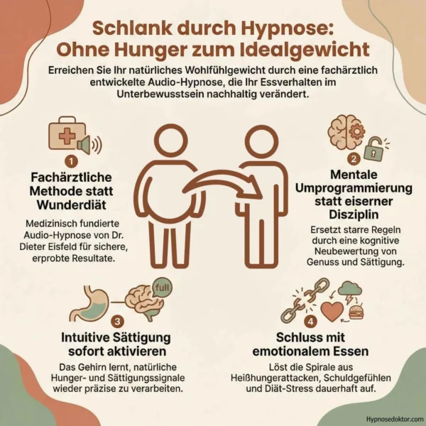 Infografik zur Wirkung klinischer Hypnose auf Sättigungsgefühl und Stoffwechselprozesse.