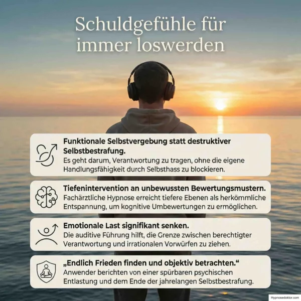 Infografik zur Wirkung fachärztlicher Hypnose bei der Auflösung von Schuldgefühlen und Steigerung der Resilienz.