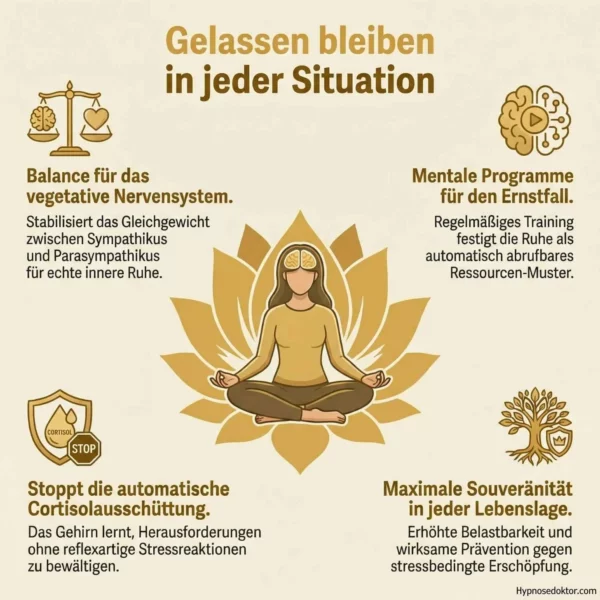 Infografik zur neurobiologischen Wirkung fachärztlicher Hypnose auf die Stressverarbeitung.