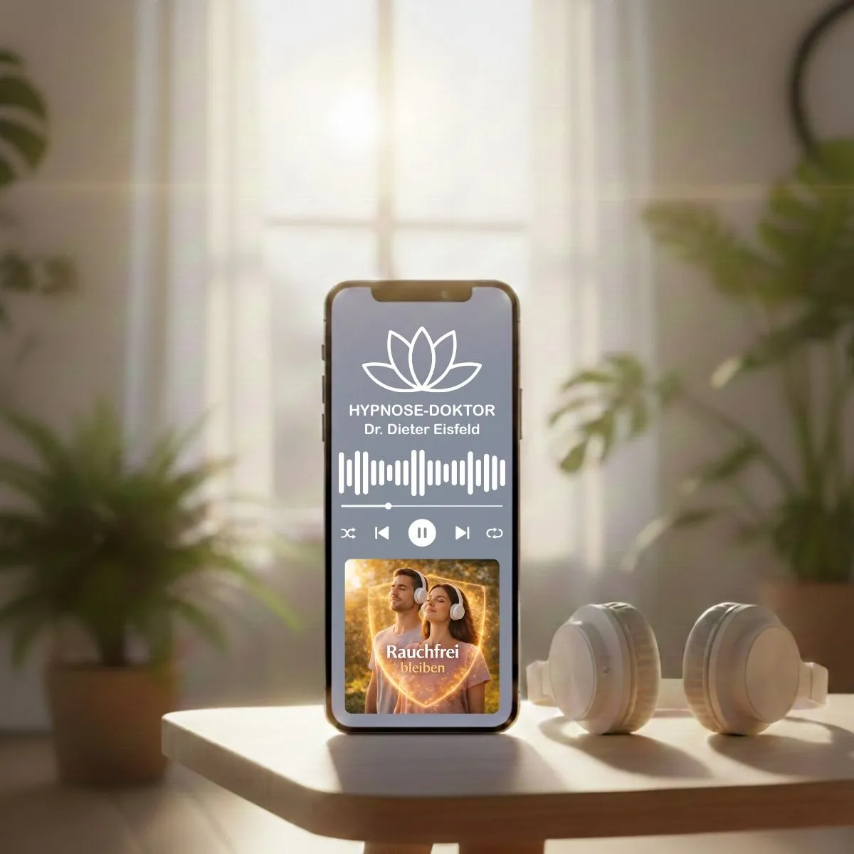 Digitales Produkt-Mockup der Audio-Sitzung „Nichtraucher bleiben“ auf einem Tablet.