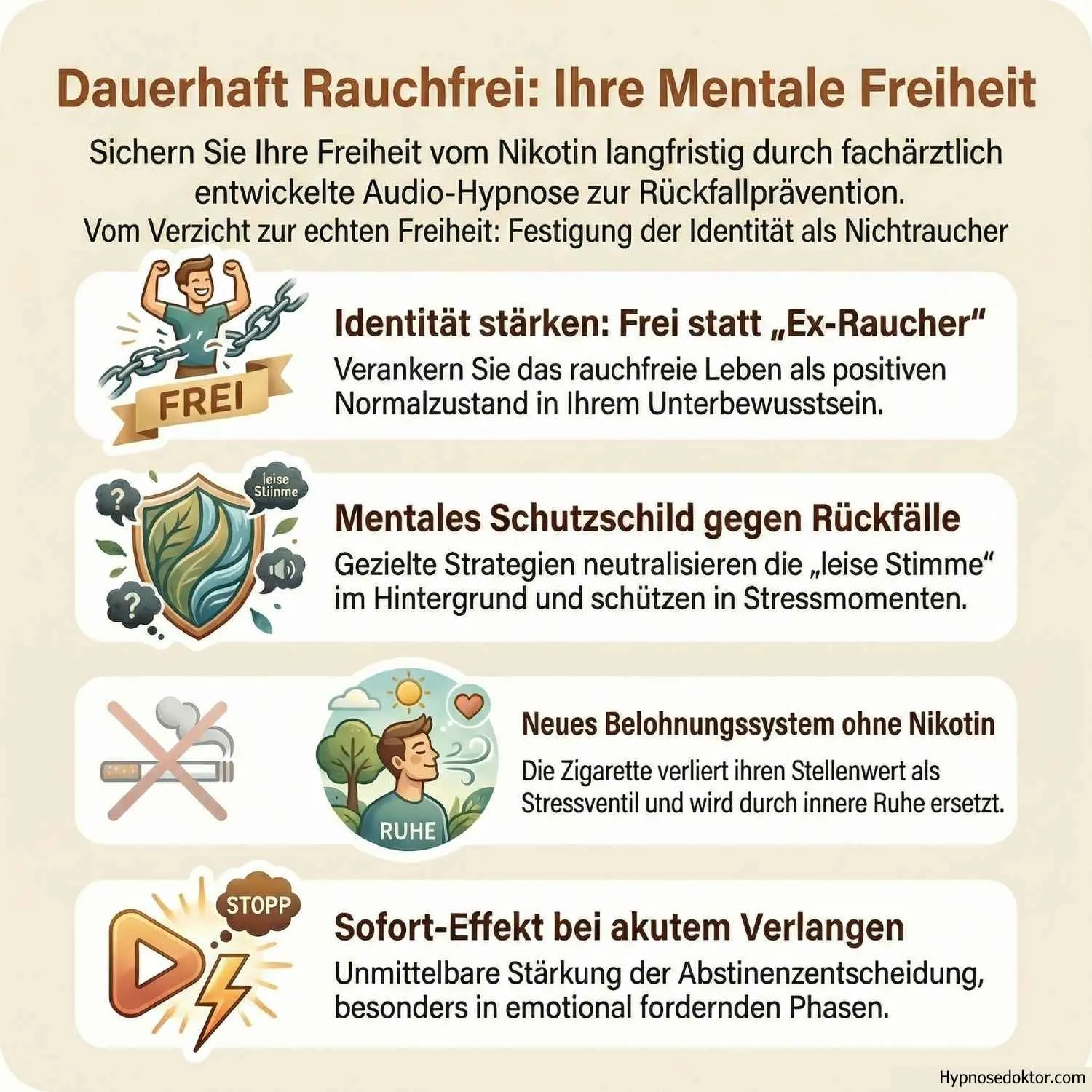 Medizinische Infografik zur mentalen Festigung der Nichtraucher-Identität im Unterbewusstsein.
