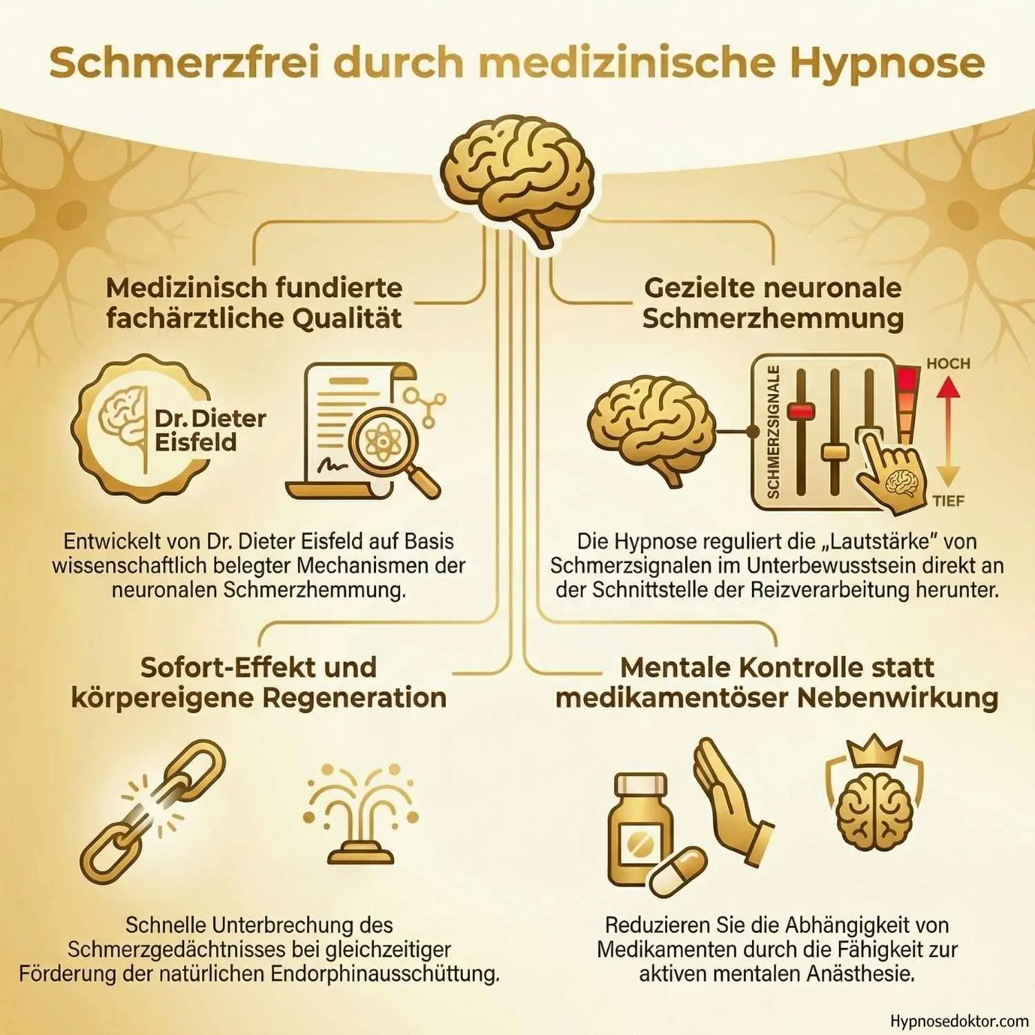 Medizinische Infografik zur Unterbrechung des Schmerzgedächtnisses durch klinische Hypnose-Techniken.