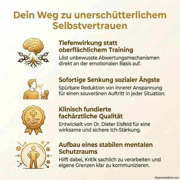 Medizinische Infografik zum Prozess der Ich-Stärkung und Umprogrammierung negativer Glaubenssätze durch Hypnose.