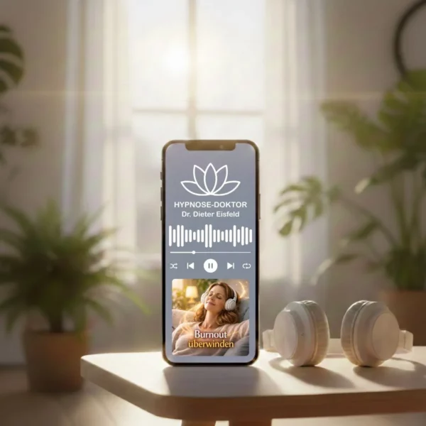 Digitales Mockup des Audio-Programms gegen Überforderung und Stress auf einem Smartphone.