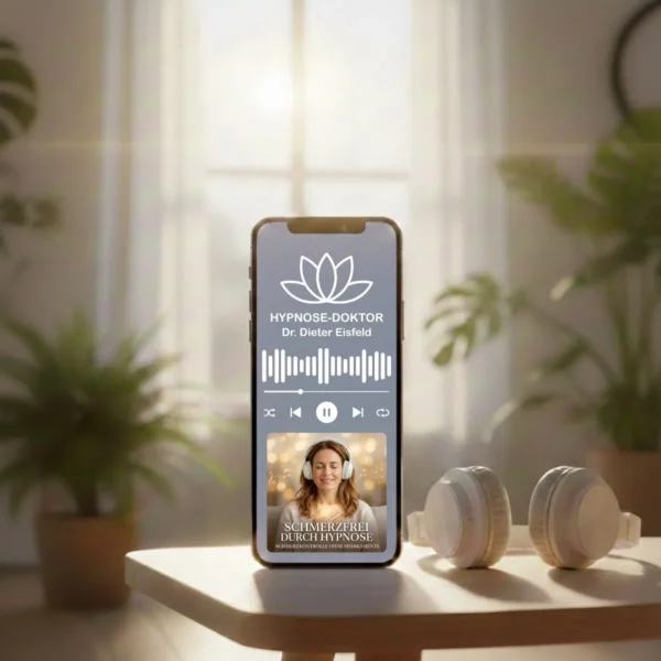 Digitales Mockup des Audio-Downloads zur Schmerzlinderung auf einem Smartphone mit Kopfhörern.