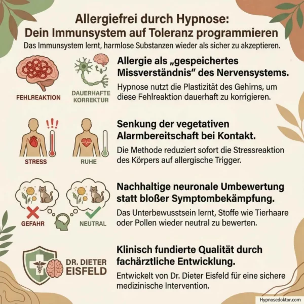 Medizinische Infografik zur Neuausrichtung des Immunsystems bei Allergien durch klinische Hypnose.