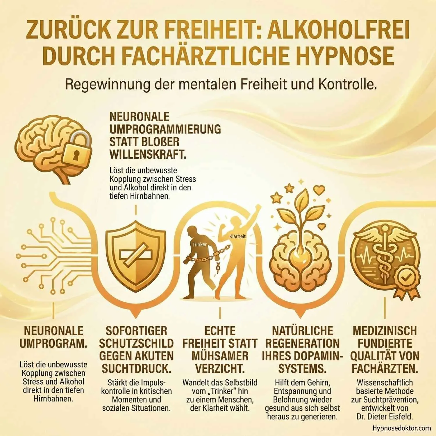 Medizinische Infografik zur Neuausrichtung des Belohnungszentrums im Gehirn bei Alkoholverzicht durch Hypnose.