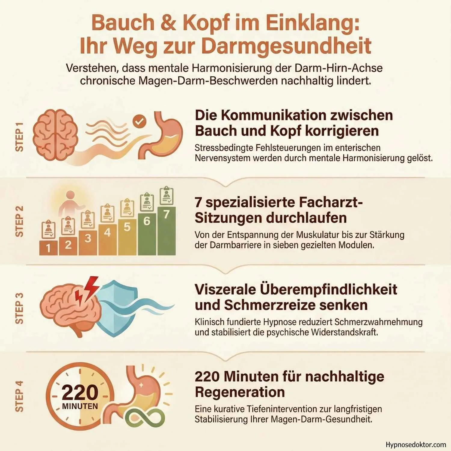 Medizinische Infografik zur Stabilisierung der Darm-Hirn-Achse durch klinische Hypnose.