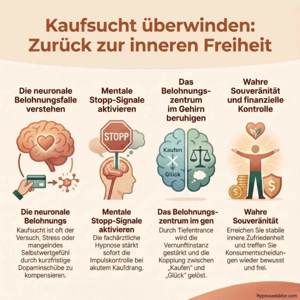 Medizinische Infografik zur Regulierung des Belohnungssystems bei Kaufsucht durch klinische Hypnose.