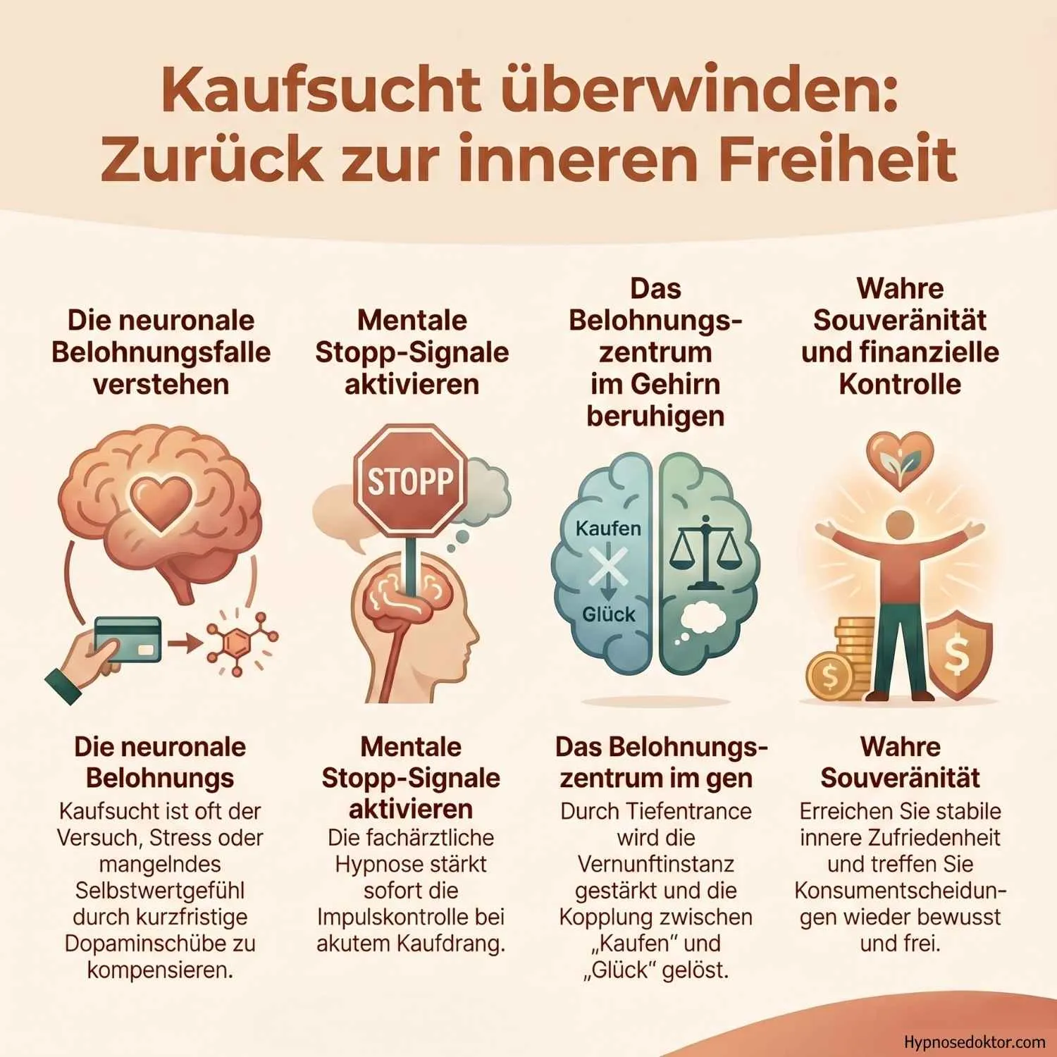 Medizinische Infografik zur Regulierung des Belohnungssystems bei Kaufsucht durch klinische Hypnose.