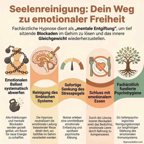 Medizinische Infografik zur Reduktion emotionaler Lasten im limbischen System durch klinische Hypnose.