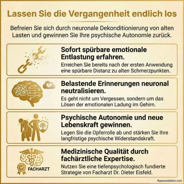 Medizinische Infografik zum Prozess der neuronalen Neuausrichtung und emotionalen Entlastung durch Loslass-Hypnose.