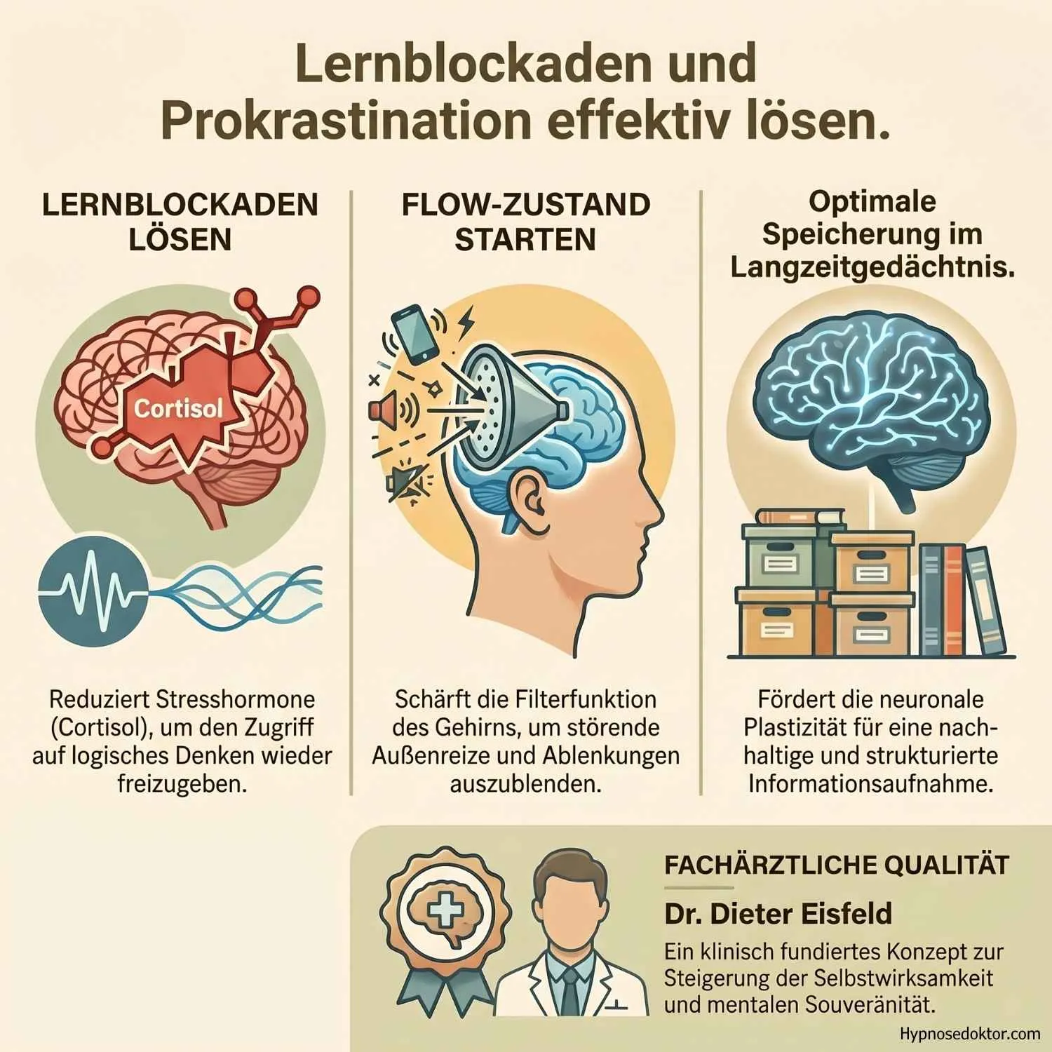 Medizinische Infografik zur Aktivierung des Flow-Zustands im Gehirn durch klinische Hypnose.