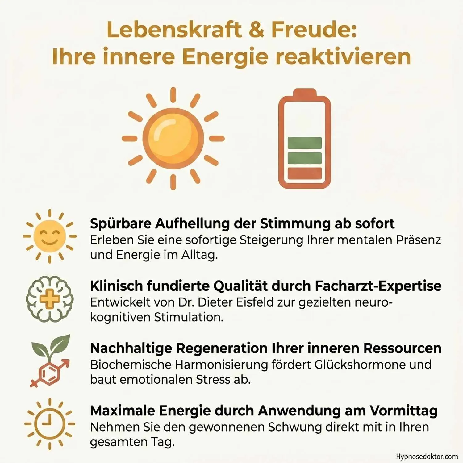 Medizinische Infografik zur Wirkung von Hypnose auf die Botenstoffe für Freude und Energie im Gehirn.