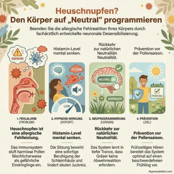 Medizinische Infografik zur Unterbrechung der allergischen Kette bei Heuschnupfen durch klinische Hypnose.