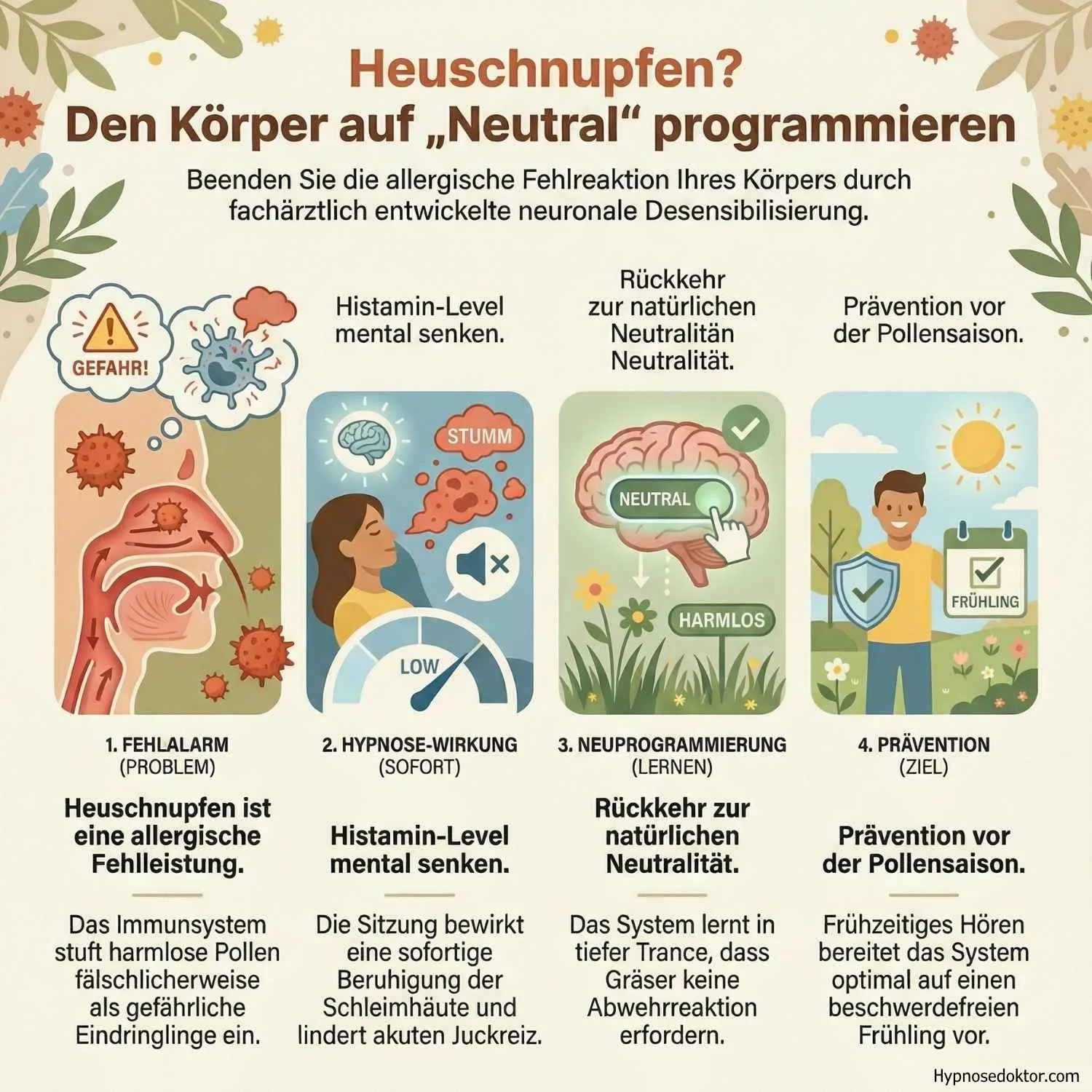 Medizinische Infografik zur Unterbrechung der allergischen Kette bei Heuschnupfen durch klinische Hypnose.