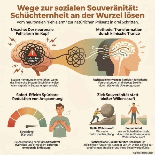 Medizinische Infografik zur Reduktion von Unsicherheit im Gehirn durch klinische Hypnose.