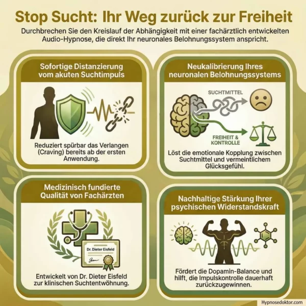 Medizinische Infografik zum Prozess der neuronalen Entkopplung von Suchtreizen durch klinische Hypnose.