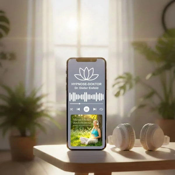 Digitales Mockup der Allergie-Hypnose auf Smartphone und Tablet mit modernen weißen Kopfhörern.