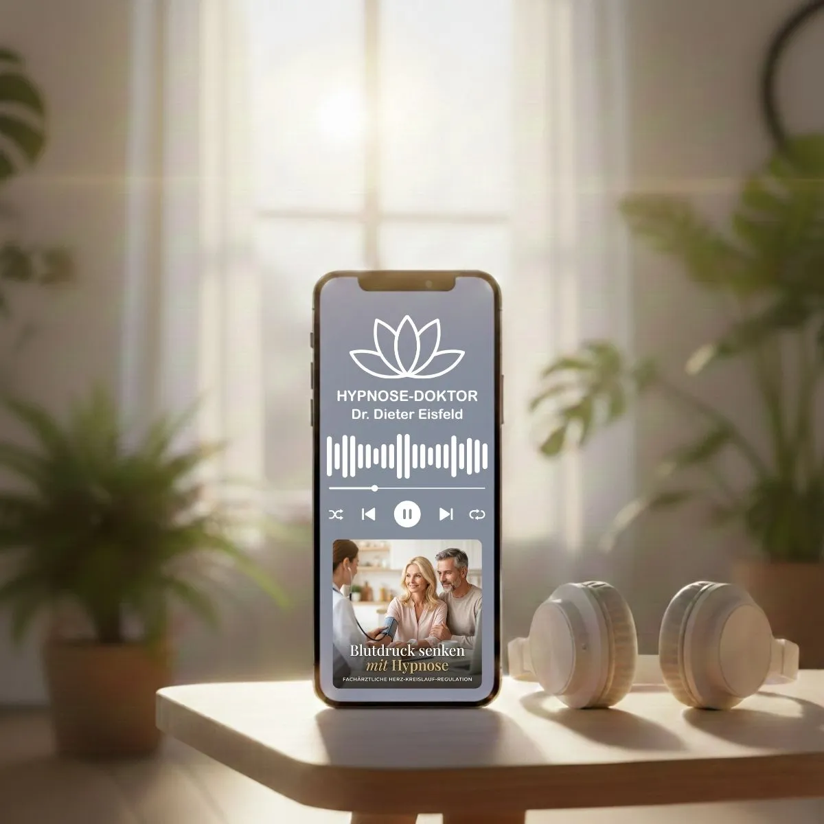 Digitales Mockup des Programms zur Blutdrucksenkung auf Smartphone und Tablet mit modernen weißen Kopfhörern.
