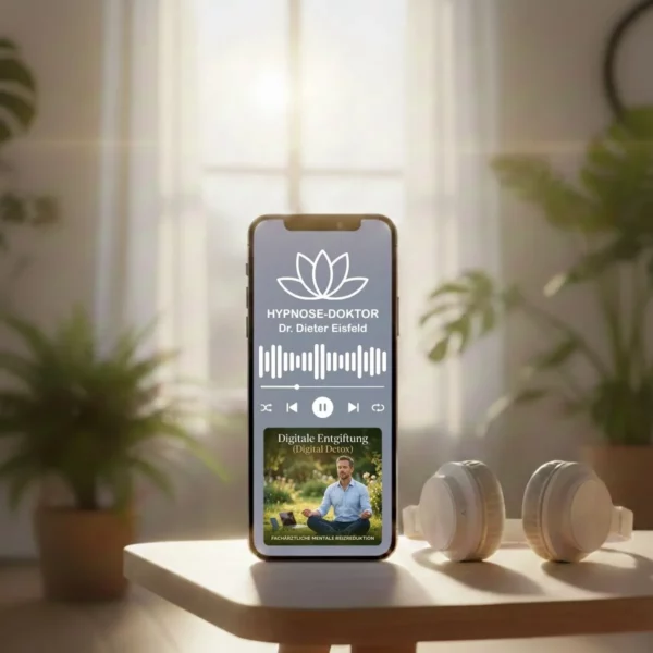 Digitales Mockup des Digital Detox Programms auf einem Smartphone und Tablet mit Kopfhörern.