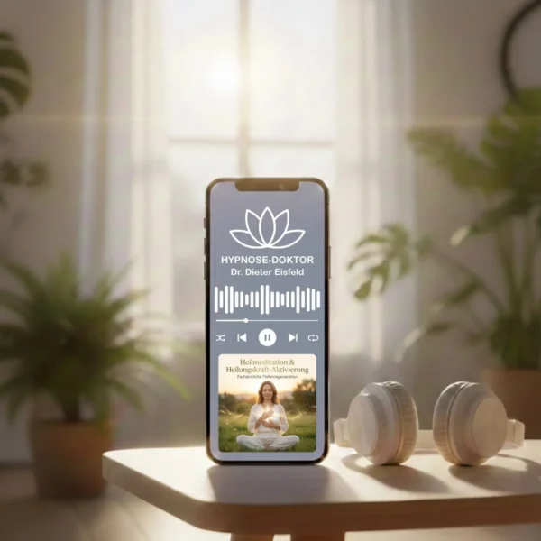 Digitales Mockup der Heilmeditation auf Smartphone, Tablet und Laptop mit weißen Kopfhörern.