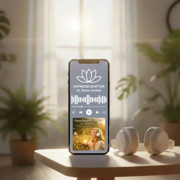 Digitales Mockup des Heuschnupfen-Audio-Programms auf Smartphone und Tablet mit weißen Kopfhörern.