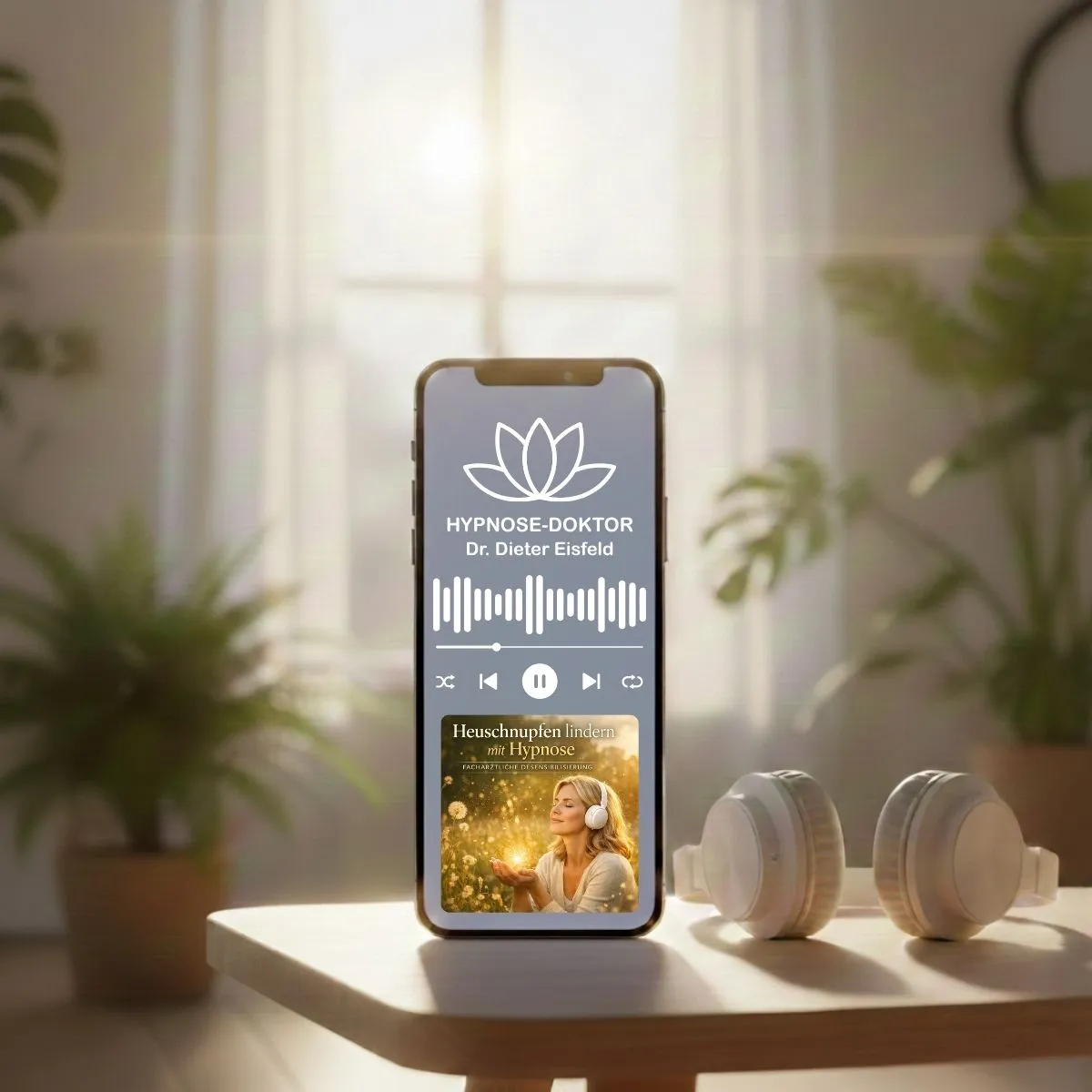 Digitales Mockup des Heuschnupfen-Audio-Programms auf Smartphone und Tablet mit weißen Kopfhörern.