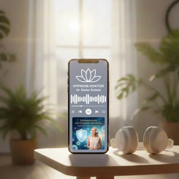 Digitales Mockup der Immun-Hypnose auf Smartphone, Tablet und Laptop mit modernen weißen Kopfhörern.