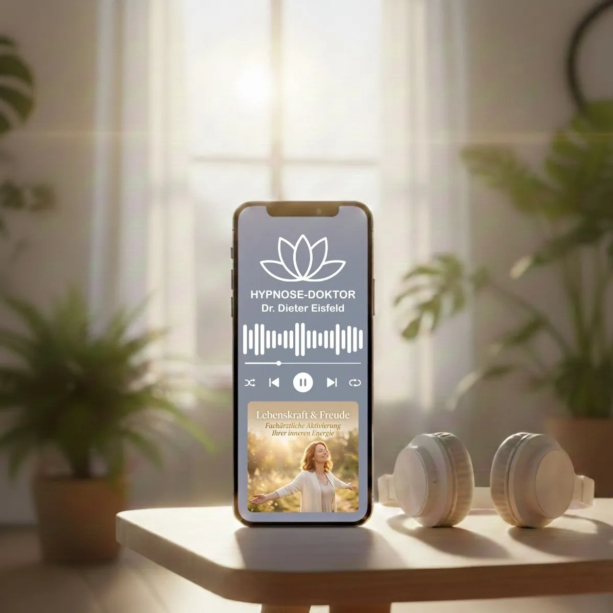 Digitales Mockup des Audio-Downloads zur Lebenskraft auf Smartphone und Tablet mit weißen Kopfhörern.