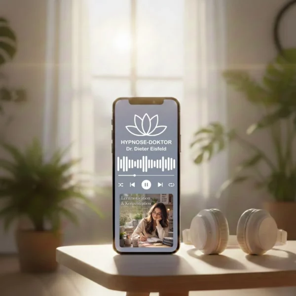 Digitales Mockup des Lernmotivation-Audio-Downloads auf Smartphone und Tablet mit weißen Kopfhörern.