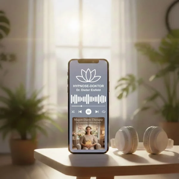 Digitales Mockup des 7-teiligen Audio-Programms für Magen-Darm-Therapie auf verschiedenen Geräten mit weißen Kopfhörern.