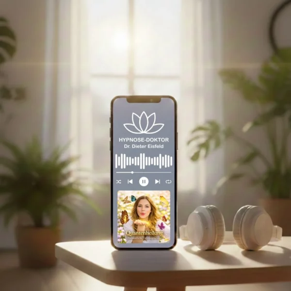Digitales Mockup des Audio-Downloads zur Quantenheilung auf einem Smartphone mit Kopfhörern.