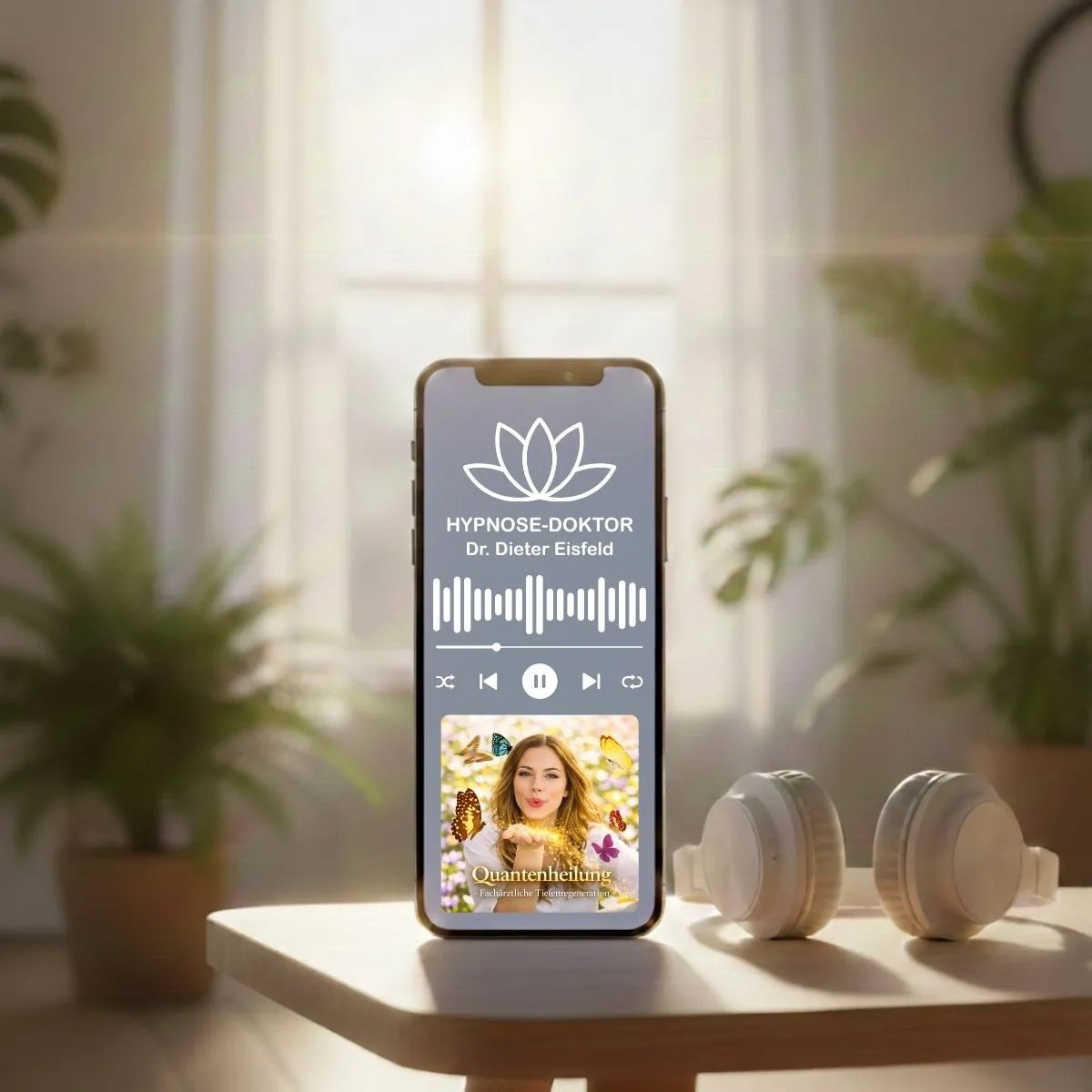 Digitales Mockup des Audio-Downloads zur Quantenheilung auf einem Smartphone mit Kopfhörern.