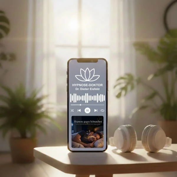 Digitales Mockup des Audio-Downloads gegen Schnarchen auf einem Smartphone neben einem Kissen.
