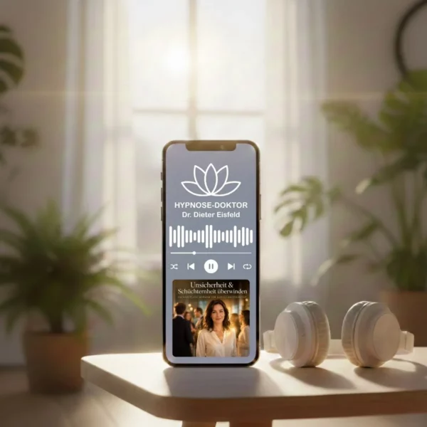 Digitales Mockup des Audio-Downloads gegen Unsicherheit auf einem Tablet mit modernen Kopfhörern.