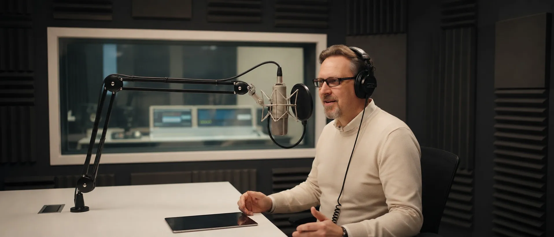 Dr. med. Dieter Eisfeld nimmt fachärztliche Audio-Hypnose im Ton-Studio auf – Psychiater und Psychotherapeut aus Deutschland.