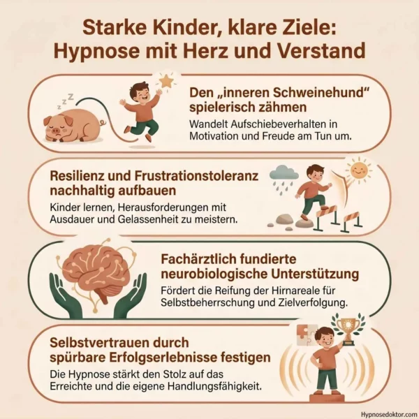 Medizinische Infografik zur Entwicklung des Präfrontalen Kortex und der Motivationssteuerung bei Kindern durch Hypnose.
