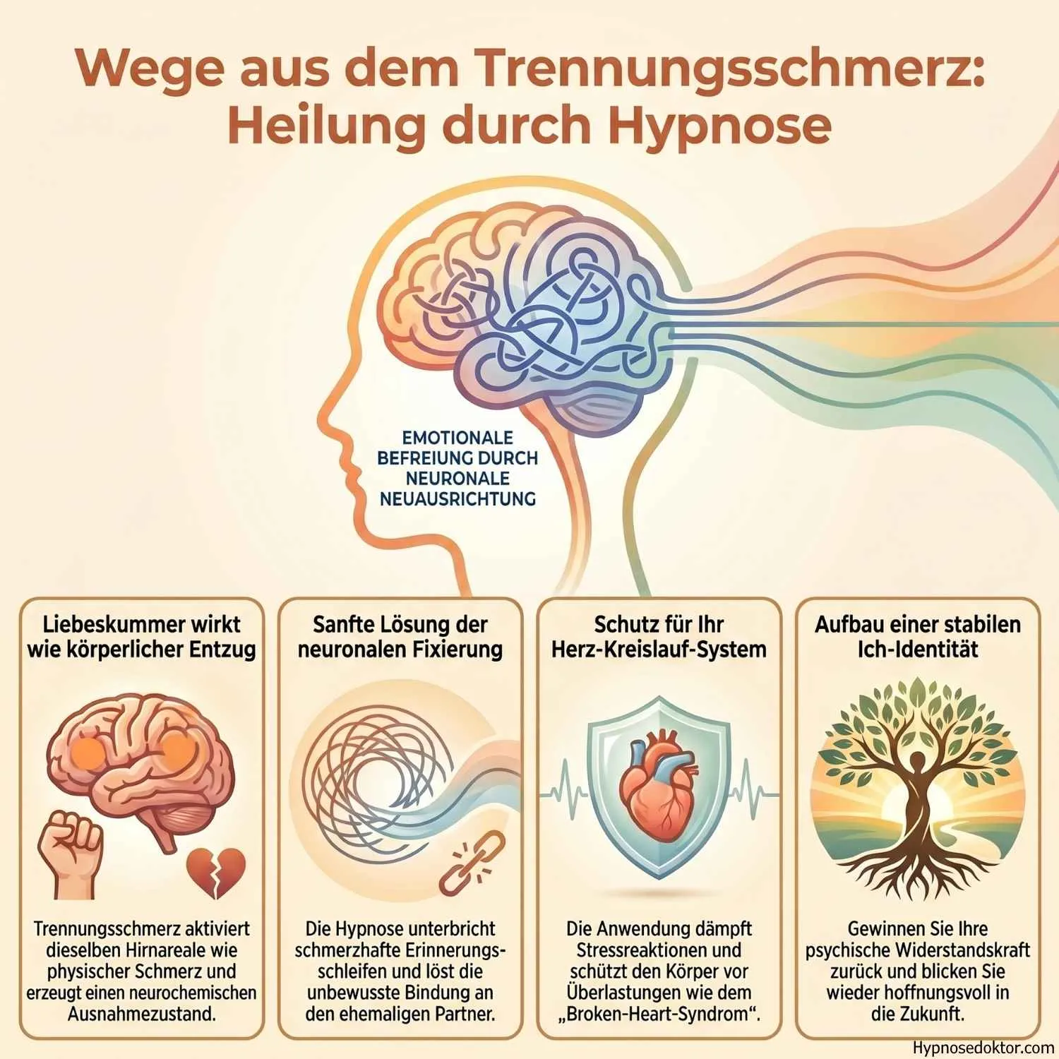Medizinische Infografik zur Wirkung von Hypnose auf die Schmerzareale im Gehirn bei Trennungsschmerz.