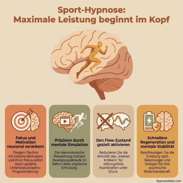 Medizinische Infografik zur Aktivierung des Flow-Zustands im Gehirn durch Sport-Hypnose.