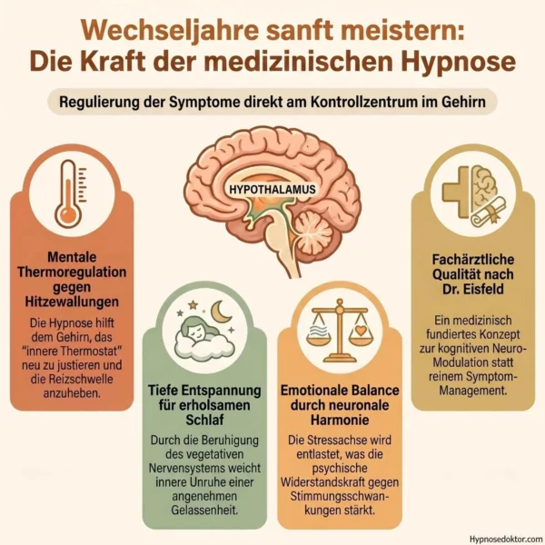 Medizinische Infografik zur Regulierung des Hypothalamus und der Thermoregulation durch klinische Hypnose.