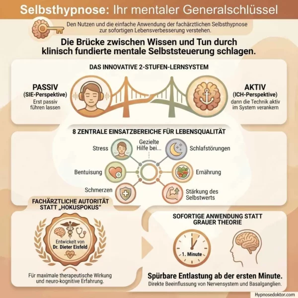 Medizinische Infografik zu den 8 Anwendungsbereichen der Selbsthypnose von Stoffwechsel bis Psychotherapie.