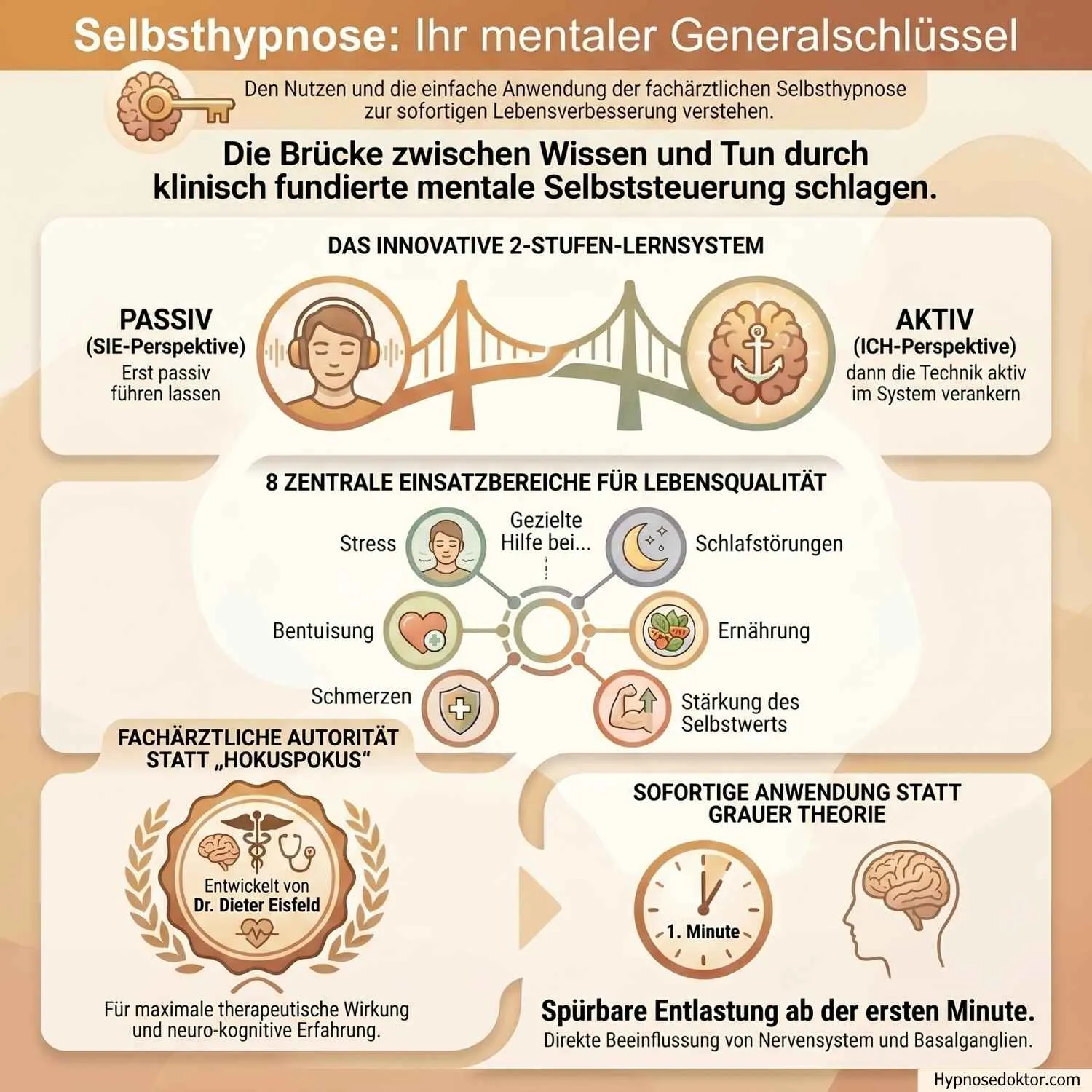 Medizinische Infografik zu den 8 Anwendungsbereichen der Selbsthypnose von Stoffwechsel bis Psychotherapie.
