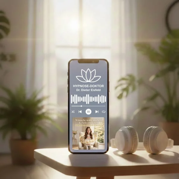 Digitales Mockup des Audio-Downloads für Jugendliche auf einem Smartphone mit farbenfrohen Kopfhörern.