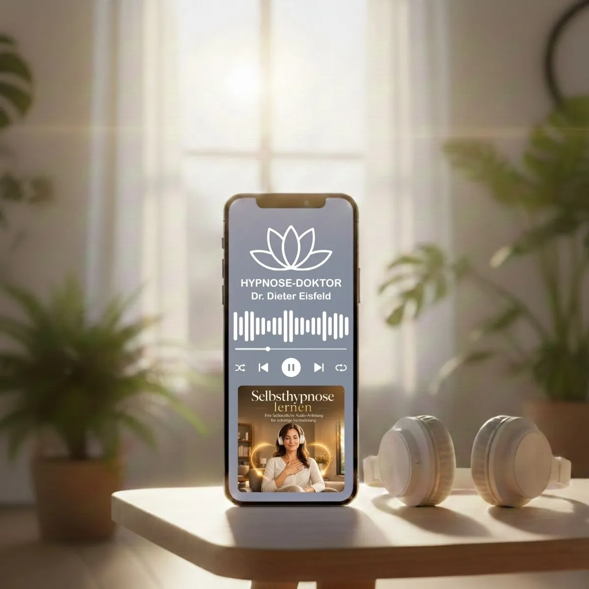Digitales Mockup der Selbsthypnose-Anleitung zur Steuerung von Ernährung und Stress auf Smartphone und Tablet.