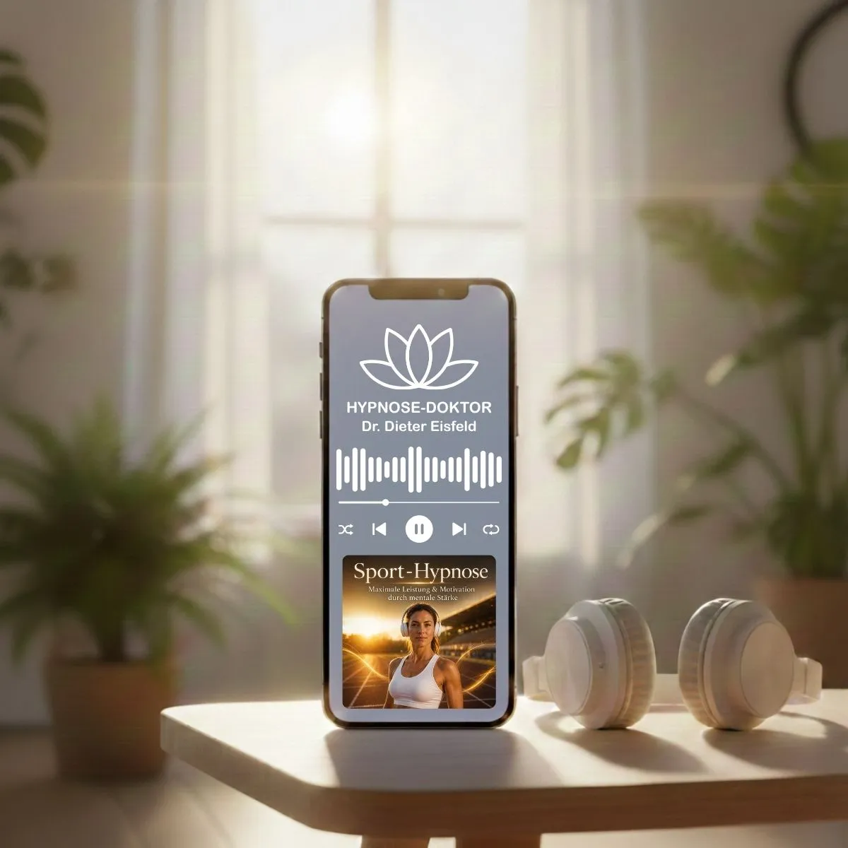 Digitales Mockup des Audio-Downloads zur Sport-Hypnose auf einem Smartphone während eines Workouts.